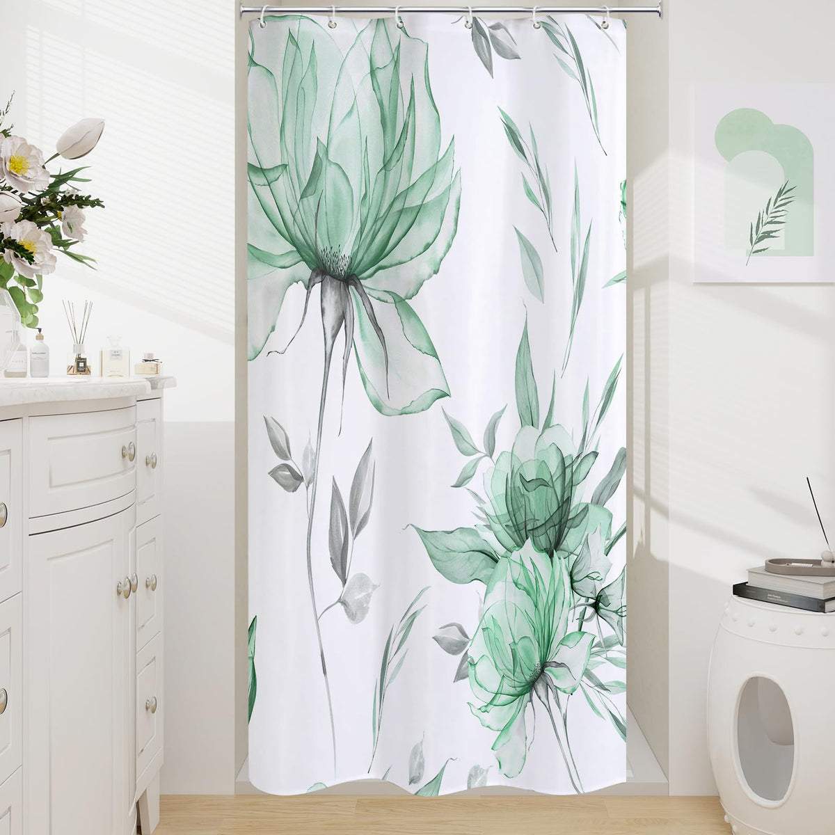 Blue Boho Floral Shower Curtain, Watercolor Botanical Design, 72 x 72
