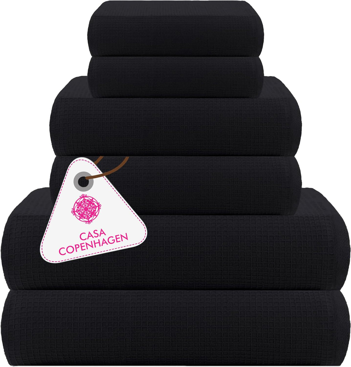 CASA COPENHAGEN Solitaire 6 Pieces Towel Set- Midnight Black, 600 GSM 2 Bath Towel 2 Hand Towel 2 Washcloth, Designed in Denmark Made of Soft Egyptian Cotton for Bathroom, Kitchen & Shower