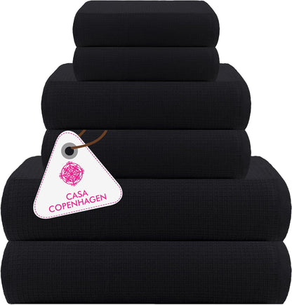 CASA COPENHAGEN Solitaire 6 Pieces Towel Set- Midnight Black, 600 GSM 2 Bath Towel 2 Hand Towel 2 Washcloth, Designed in Denmark Made of Soft Egyptian Cotton for Bathroom, Kitchen & Shower