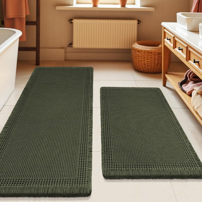 Upgrade Waffle Bath Mat Set 2 Piece, Boho Bathroom Rugs Absorbent Non Slip, Ultra Soft Bathroom Mat, Machine Washable Knit Bath Rugs with Herringbones for Bathroom, Bedroom, Kitchen, Shower, White