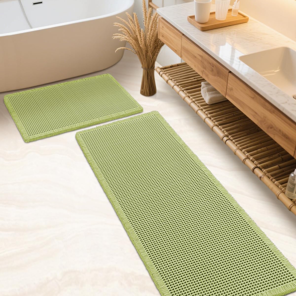IM HOME Waffle Bath Mat Beige 32"x20", Boho Woven Modern Bath Mat Rugs, Absorbent Non Slip Bathroom Rugs, Soft Washable Bath Rugs with Tassels for Bathroom, Bedroom, Kitchen, Shower, Tub