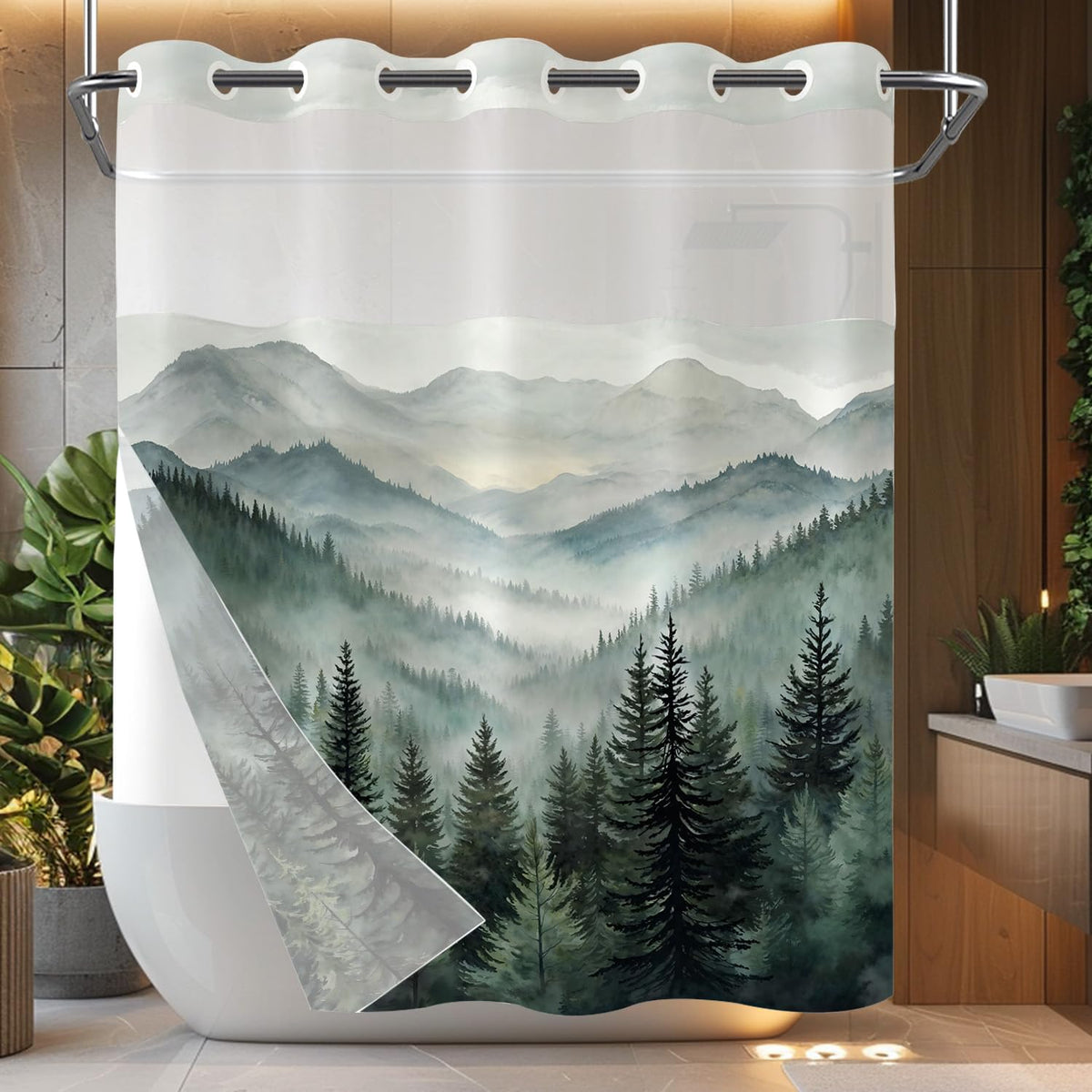 Accnicc Forest Mountain Shower Curtain Dark Green Nature Misty Pine Tree Shower Curtains for Bathroom Foggy Rustic Woodland Decorative Waterproof Fabric Bath Curtain Decor 72×72 Inches