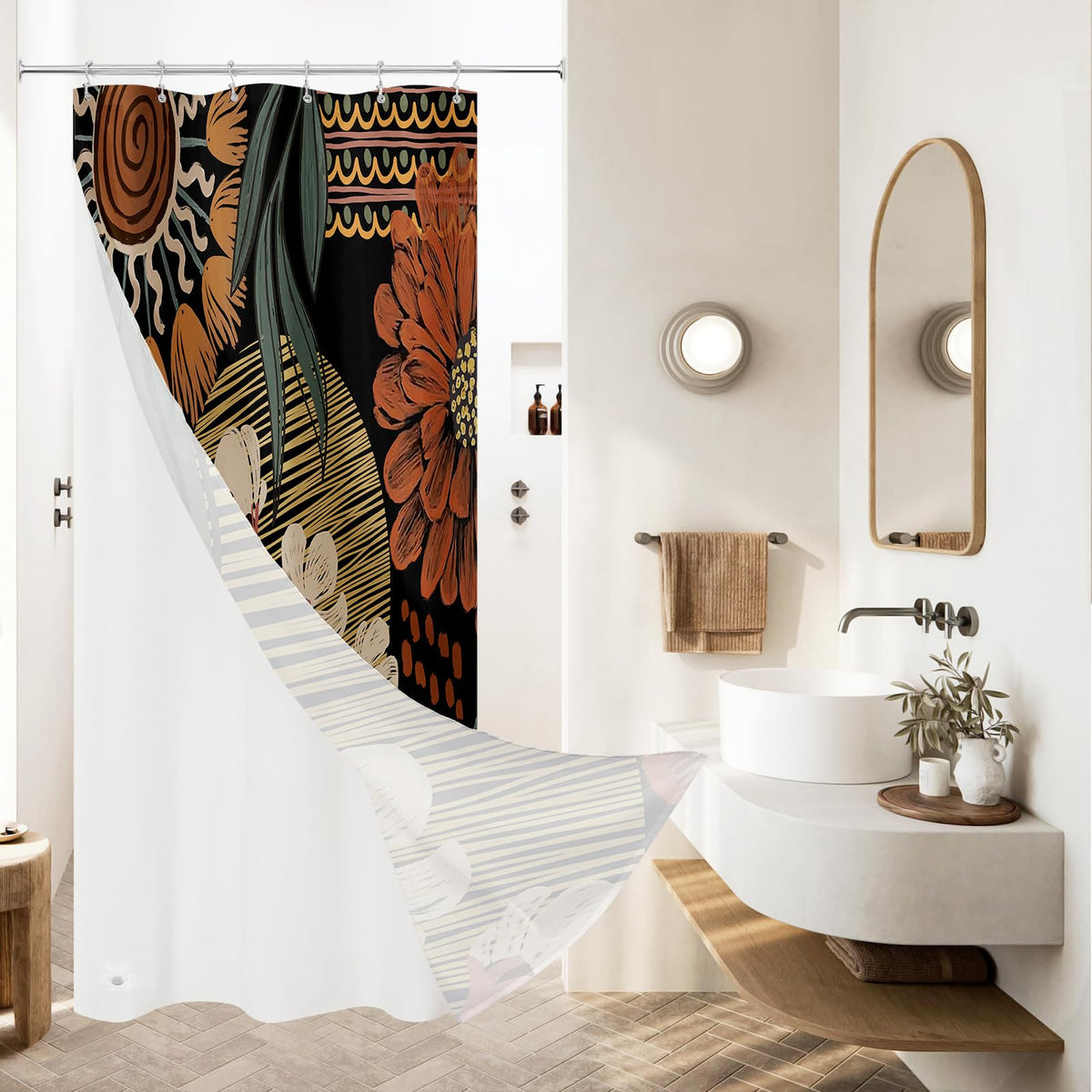 Boho Floral Shower Curtain, Vintage Botanical Fabric Curtain, 72 x 72