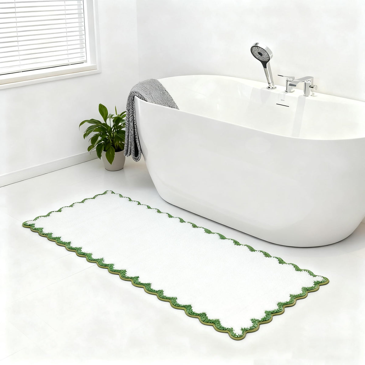 ORTIGIA Cute Green Scalloped Bath Mat, Fun Plush Microfiber Scallop Bathroom Rugs Non Slip Washable Quick Dry Absorbent, Bathmat Bath Rug Carpet for Shower Stall Vanities Kitchen Floor Entrance, 20x32
