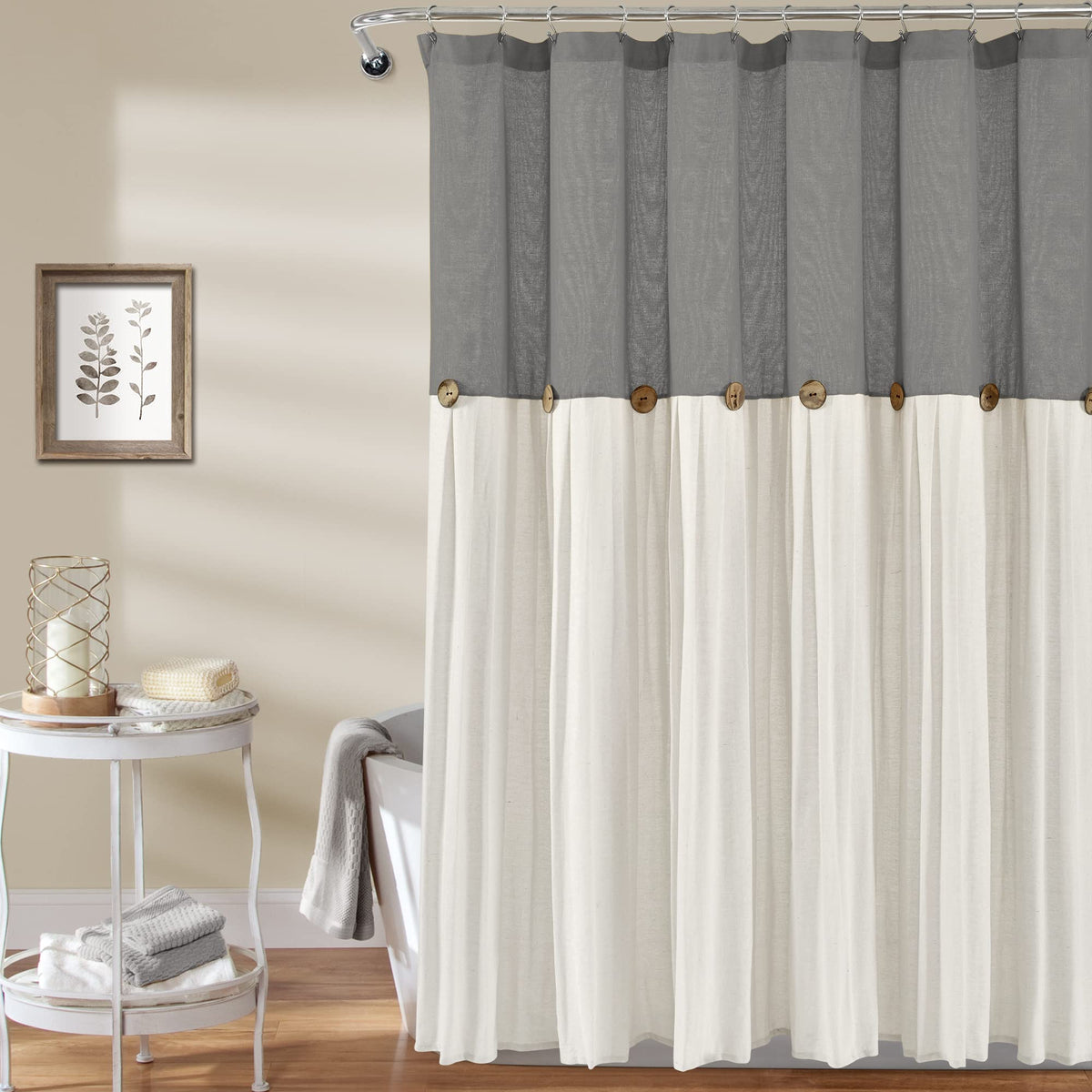 Lush Decor Linen Button Shower Curtain, 72" W x 72" L, Linen - Neural Shower Curtain Fabric - Bathroom Curtain - Farmhouse Bathroom Decor