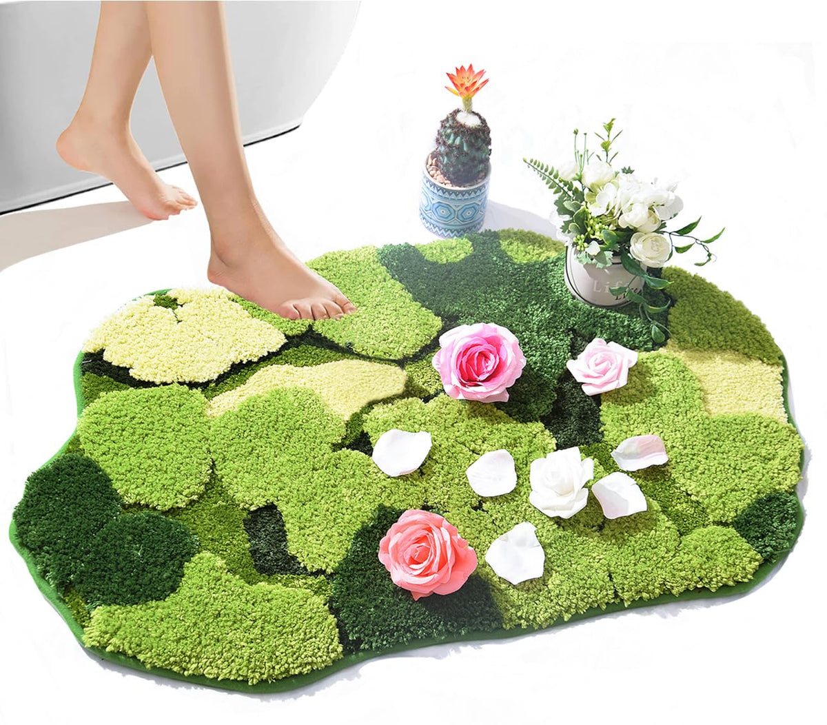 Hifuwan Cute Green Moss Bathroom Runner Rugs, Plant Leaf Bath Mats 20 x 43