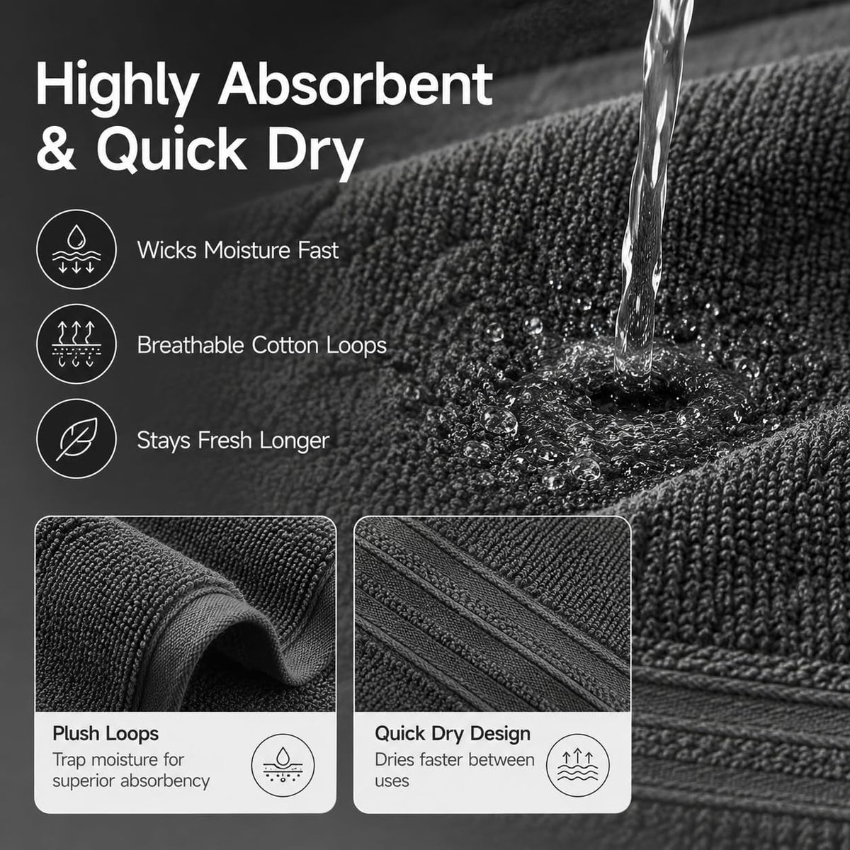 REDKISS Dark Gray Towels Set 6 Piece Cotton Towel Sets with 2 Bath Towels, 2 Hand, 2 Washcloths, 650GSM Hotel Quality, Soft, Highly Absorbent Towels for Bathroom Gym, Ideal Everyday Use
