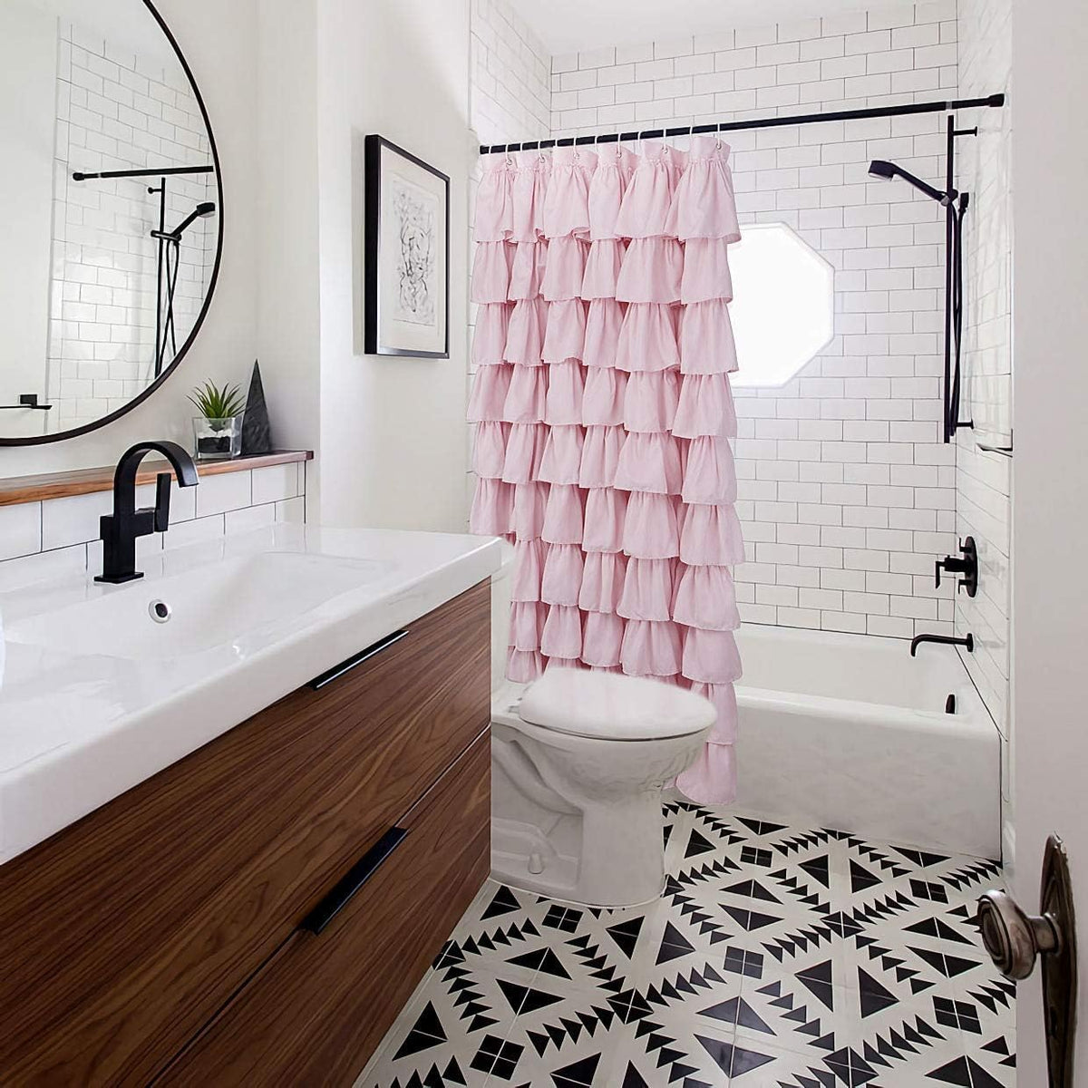 Volens Pink Ruffle Shower Curtain Farmhouse Rustic Fabric Cloth Shower Curtains for Bathroom, 72" x 72"