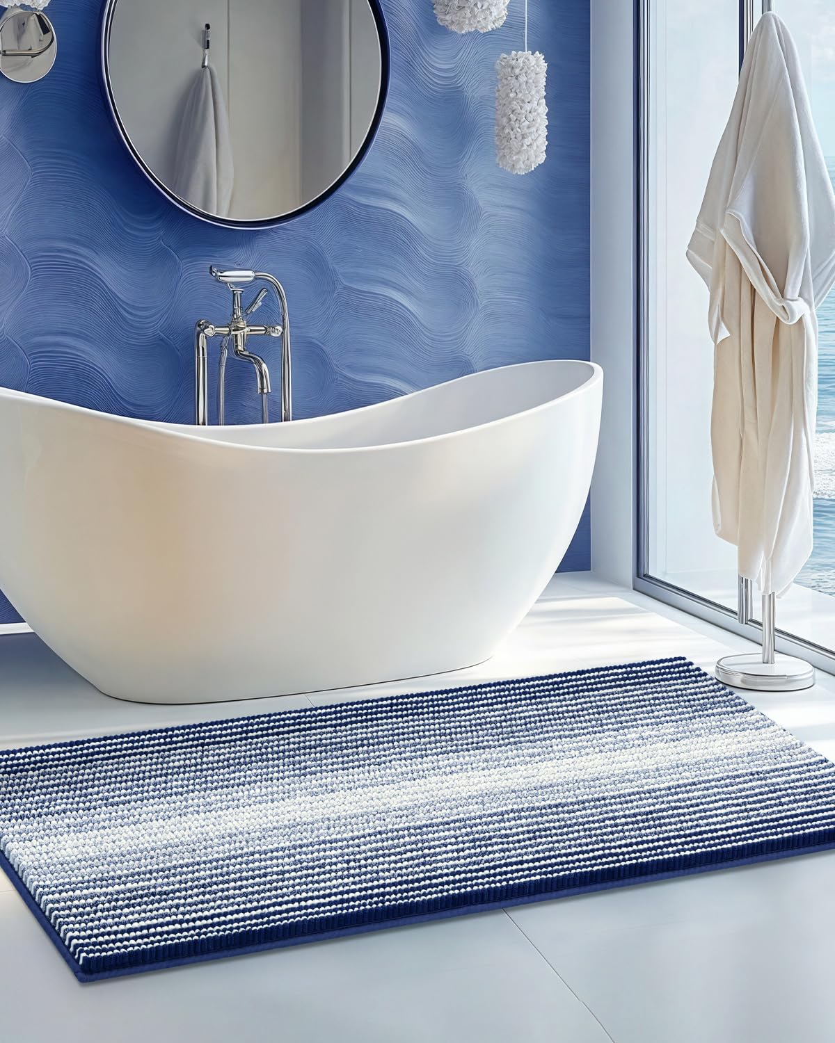 BSICPRO Bathroom Rugs Sets 2 Piece, Non Slip Striped Bath Mats, Fog Blue