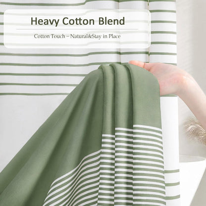 Sage Green Boho Cotton Striped Shower Curtain with Tassel 72"W X 72"L