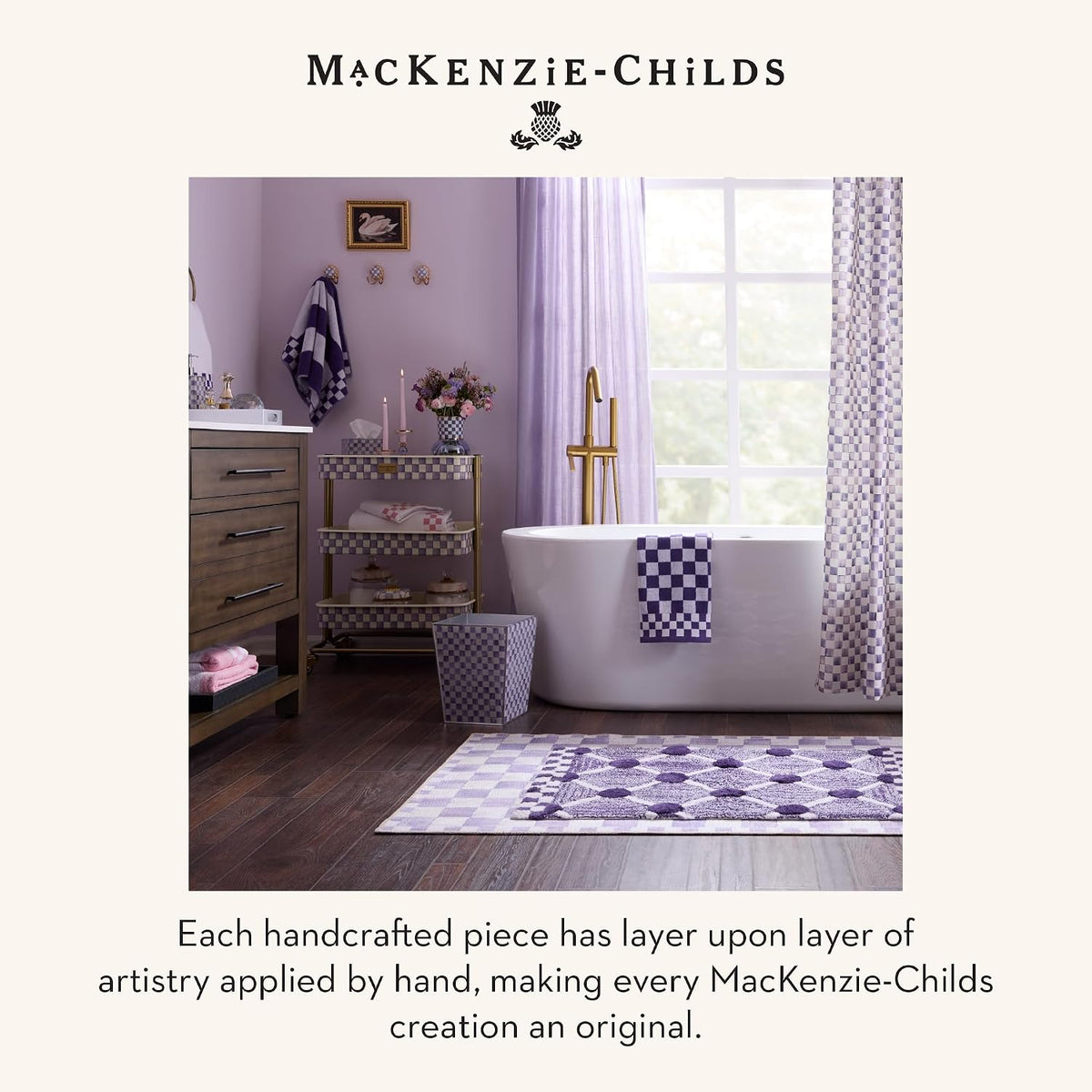 MACKENZIE-CHILDS Shower Curtain, Washable Fabric Shower Curtain for Bathroom Decor, 72" x 72", Purple-and-White Violet Check