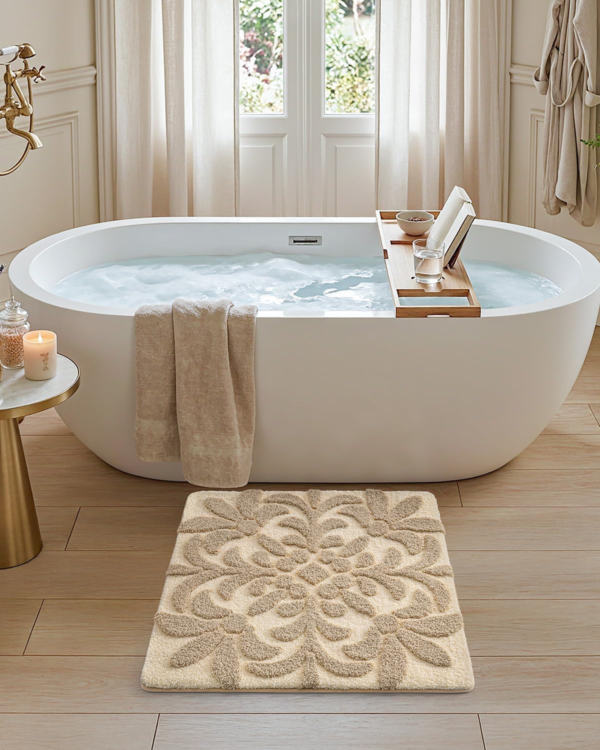 DEXI Floral Bathroom Rugs Non Slip Washable, Square Bath Mat 24x24, Beige