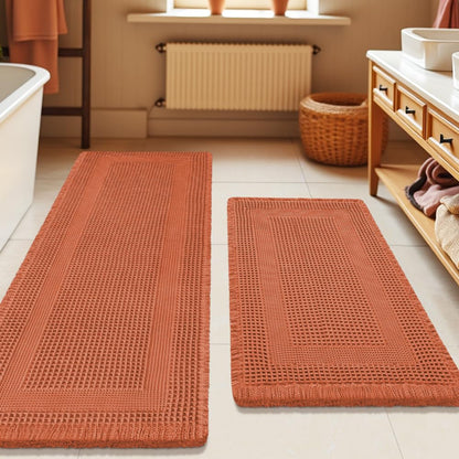 Upgrade Waffle Bath Mat Set 2 Piece, Boho Bathroom Rugs Absorbent Non Slip, Ultra Soft Bathroom Mat, Machine Washable Knit Bath Rugs with Herringbones for Bathroom, Bedroom, Kitchen, Shower, White