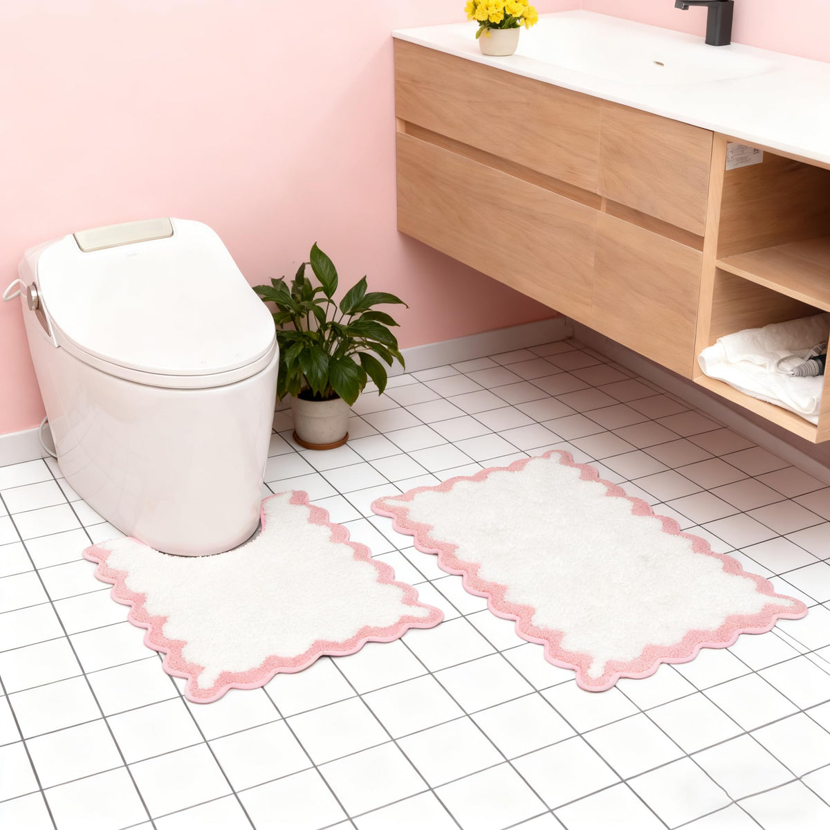 ORTIGIA Cute Green Scalloped Bath Mat, Fun Plush Microfiber Scallop Bathroom Rugs Non Slip Washable Quick Dry Absorbent, Bathmat Bath Rug Carpet for Shower Stall Vanities Kitchen Floor Entrance, 20x32