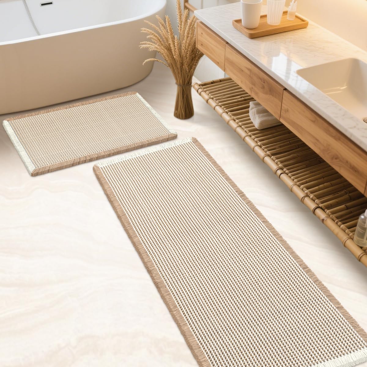 IM HOME Waffle Bath Mat Beige 32"x20", Boho Woven Modern Bath Mat Rugs, Absorbent Non Slip Bathroom Rugs, Soft Washable Bath Rugs with Tassels for Bathroom, Bedroom, Kitchen, Shower, Tub