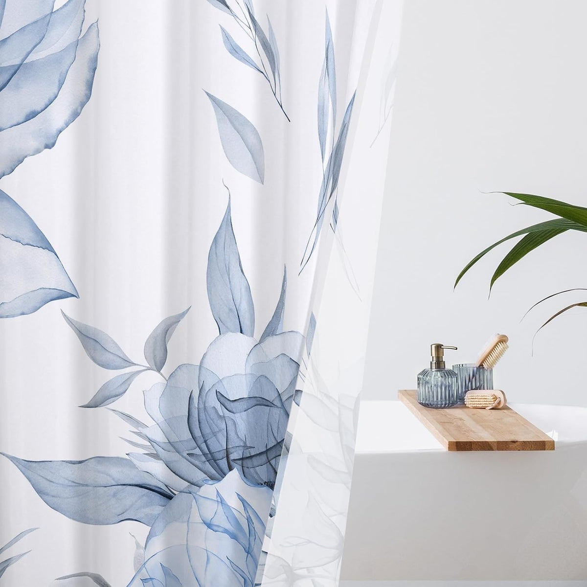 Blue Boho Floral Shower Curtain, Watercolor Botanical Design, 72 x 72