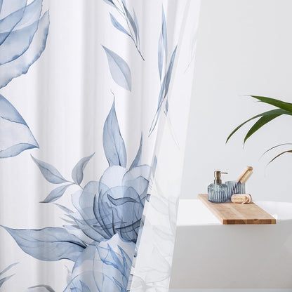 Blue Boho Floral Shower Curtain, Watercolor Botanical Design, 72 x 72