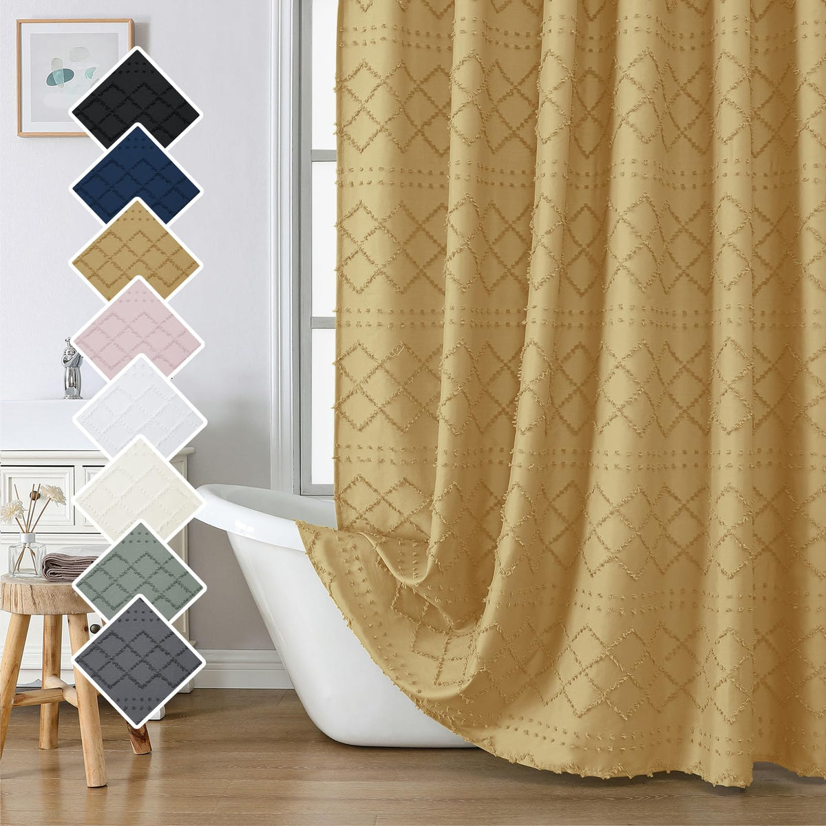 Lecloud White Fabric Shower Curtain 72x72 Inches, Boho Tufted Plaid Striped Shower Curtain Set for Bathroom, Chic Textured Cloth Shower Curtain
