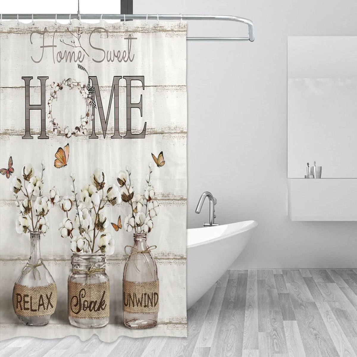 Tijuboni Farmhouse Shower Curtain Cotton Flowers Shower Curtains for Neutral Country Bathroom Decor Rustic Shower Curtain Set Waterproof Polyester Fabric 60 x 72 Inch
