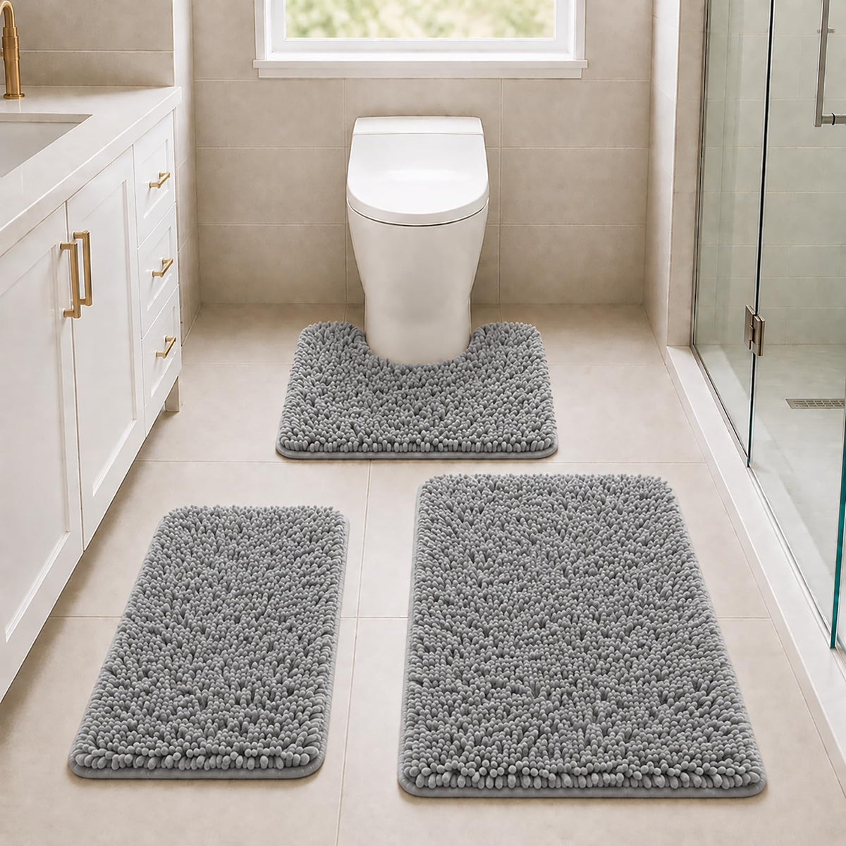 Bathroom Rugs Set Non Slip 3 Piece Bath Mat Washable Chenille Bath Rugs with PVC Backing Bath Carpet,Absorbent Bathroom Mats with Toilet Rug,Bath Mats for Bathroom,Bedroom, Kitchen,Tub,Home Decor