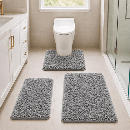 Bathroom Rugs Set Non Slip 3 Piece Bath Mat Washable Chenille Bath Rugs with PVC Backing Bath Carpet,Absorbent Bathroom Mats with Toilet Rug,Bath Mats for Bathroom,Bedroom, Kitchen,Tub,Home Decor