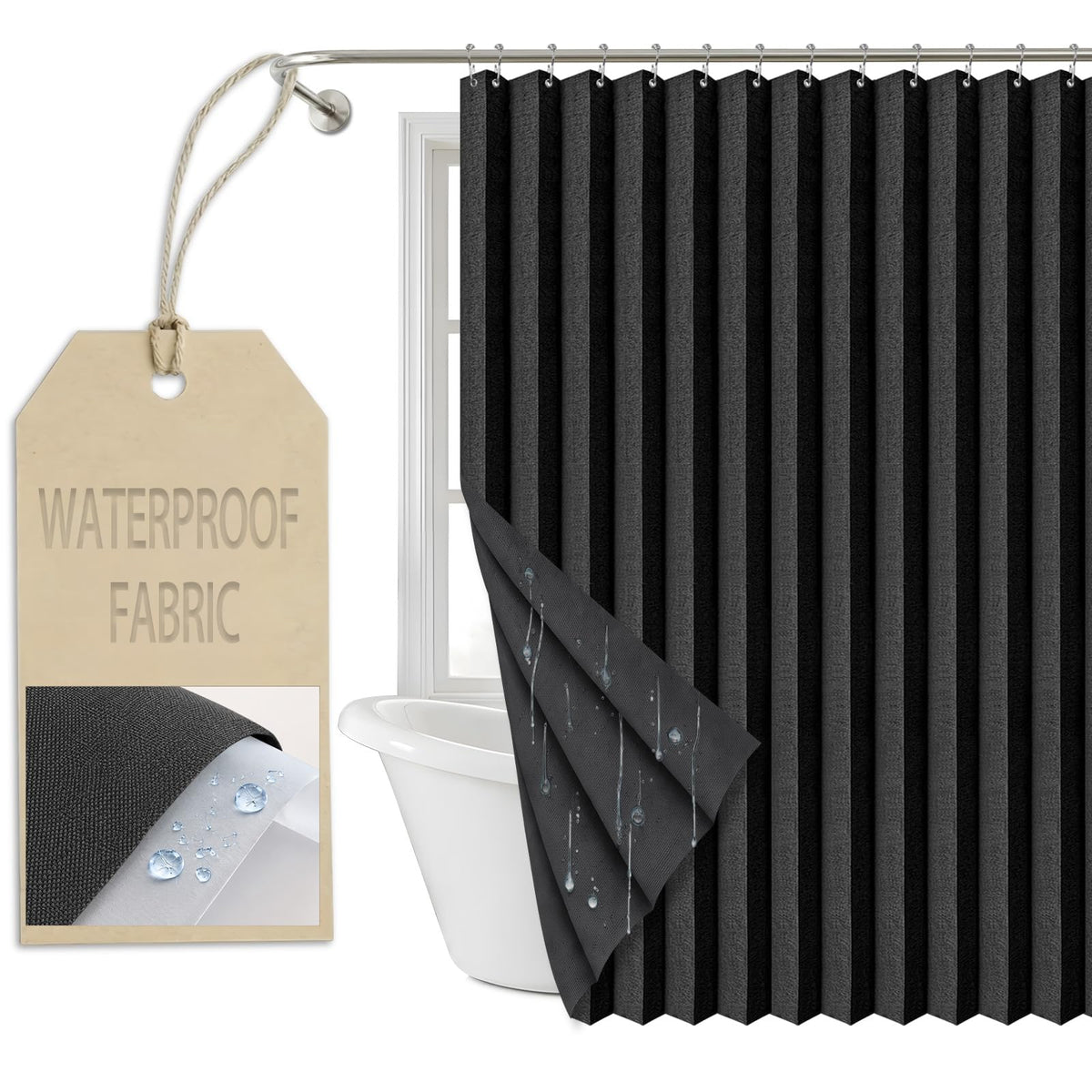 AJAZZ Magnetic Folding Shower Curtains Fabric Polyester Material Waterproof Shower Curtain Suitable for Family Hotel Homestay (Black,77" W x 72" L) 1 Panel