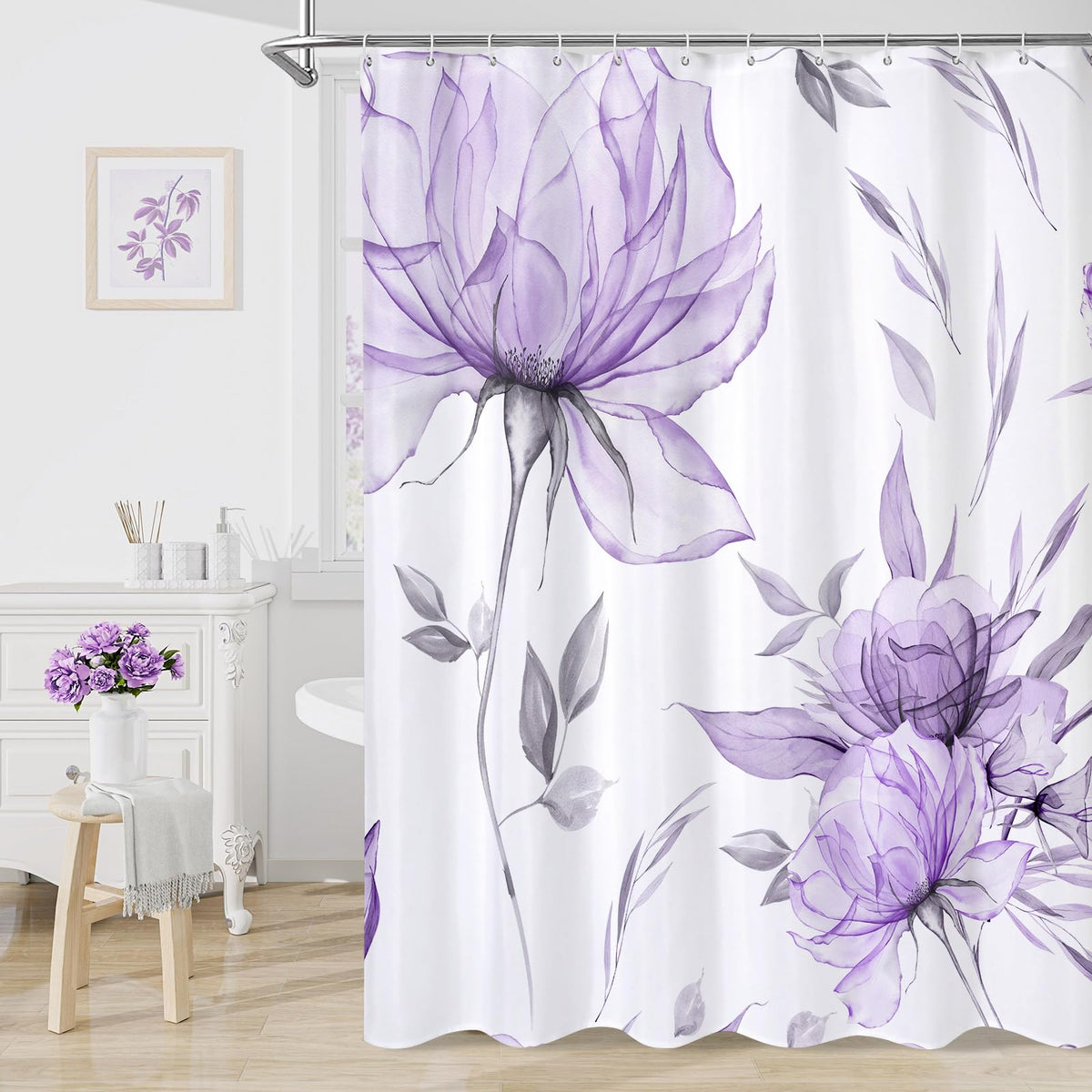 Blue Boho Floral Shower Curtain, Watercolor Botanical Design, 72 x 72