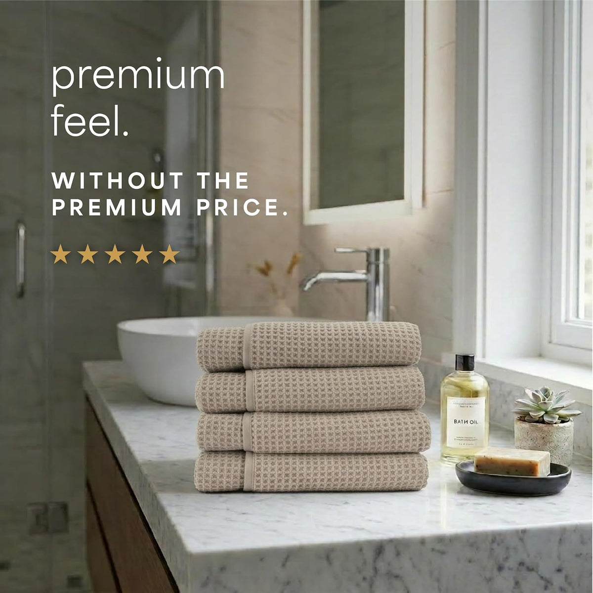 S&T INC. Aura Waffle Bath Towels, 4 Pack, 30" x 60", Beige