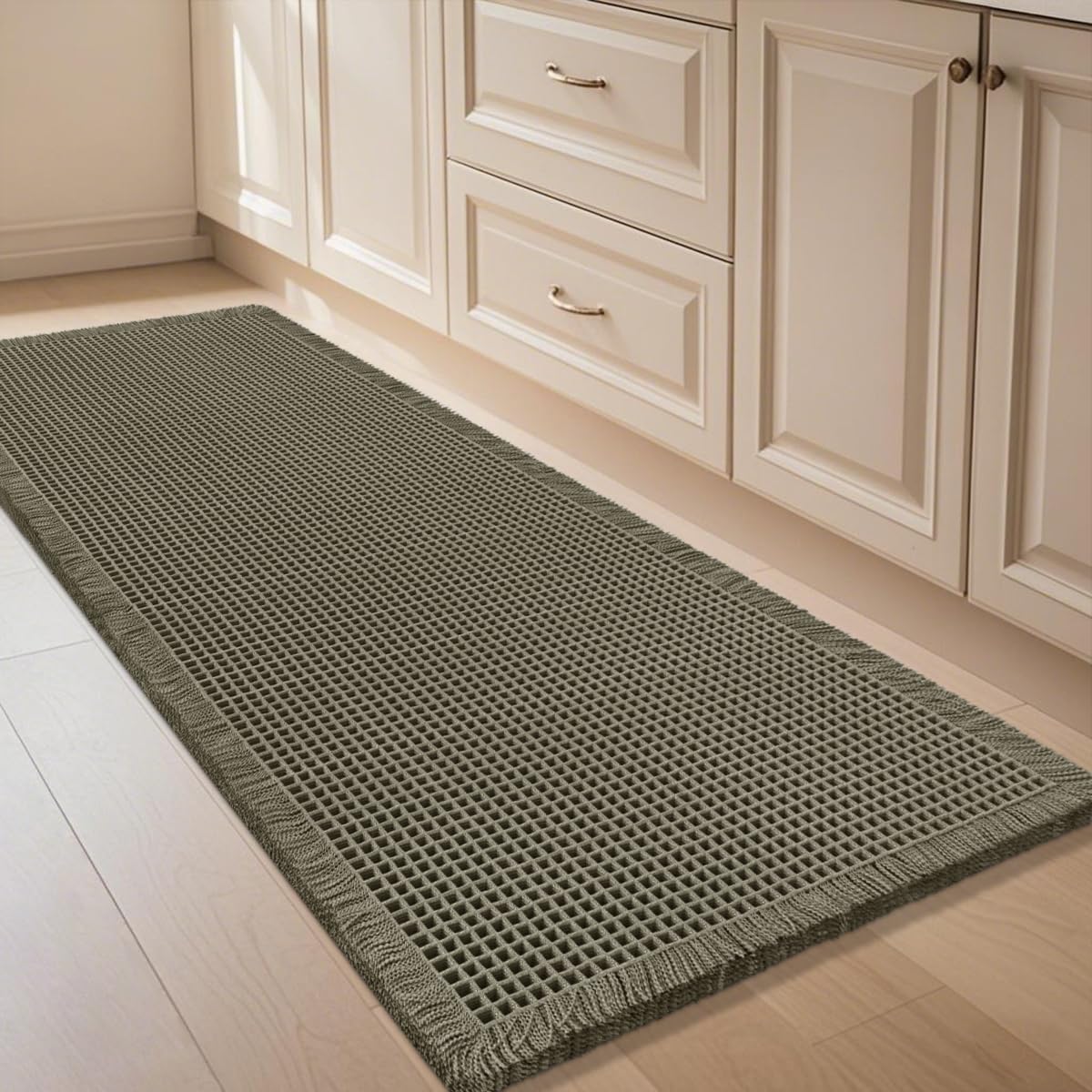 IM HOME Waffle Bath Mat Beige 32"x20", Boho Woven Modern Bath Mat Rugs, Absorbent Non Slip Bathroom Rugs, Soft Washable Bath Rugs with Tassels for Bathroom, Bedroom, Kitchen, Shower, Tub
