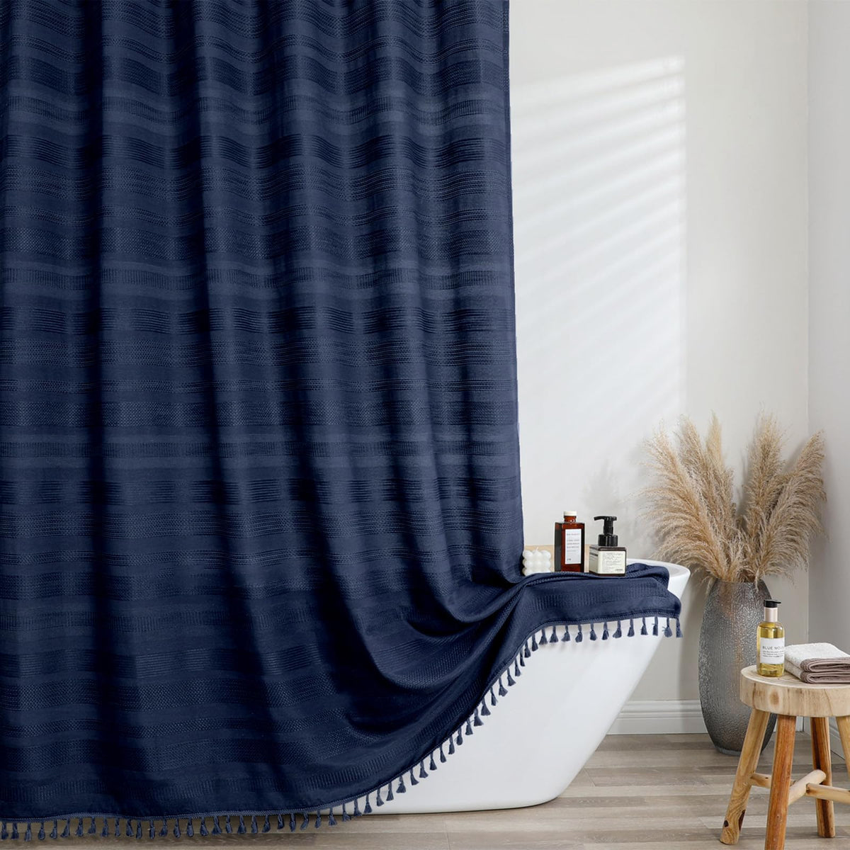 OVZME Sage Green Shower Curtain for Bathroom, Boho Linen Textured Shower Curtain with Tassel, Rustic Striped Heavy Duty Vintage Country Bathroom Curtain, 72Wx72L Inches