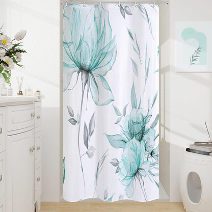 Blue Boho Floral Shower Curtain, Watercolor Botanical Design, 72 x 72