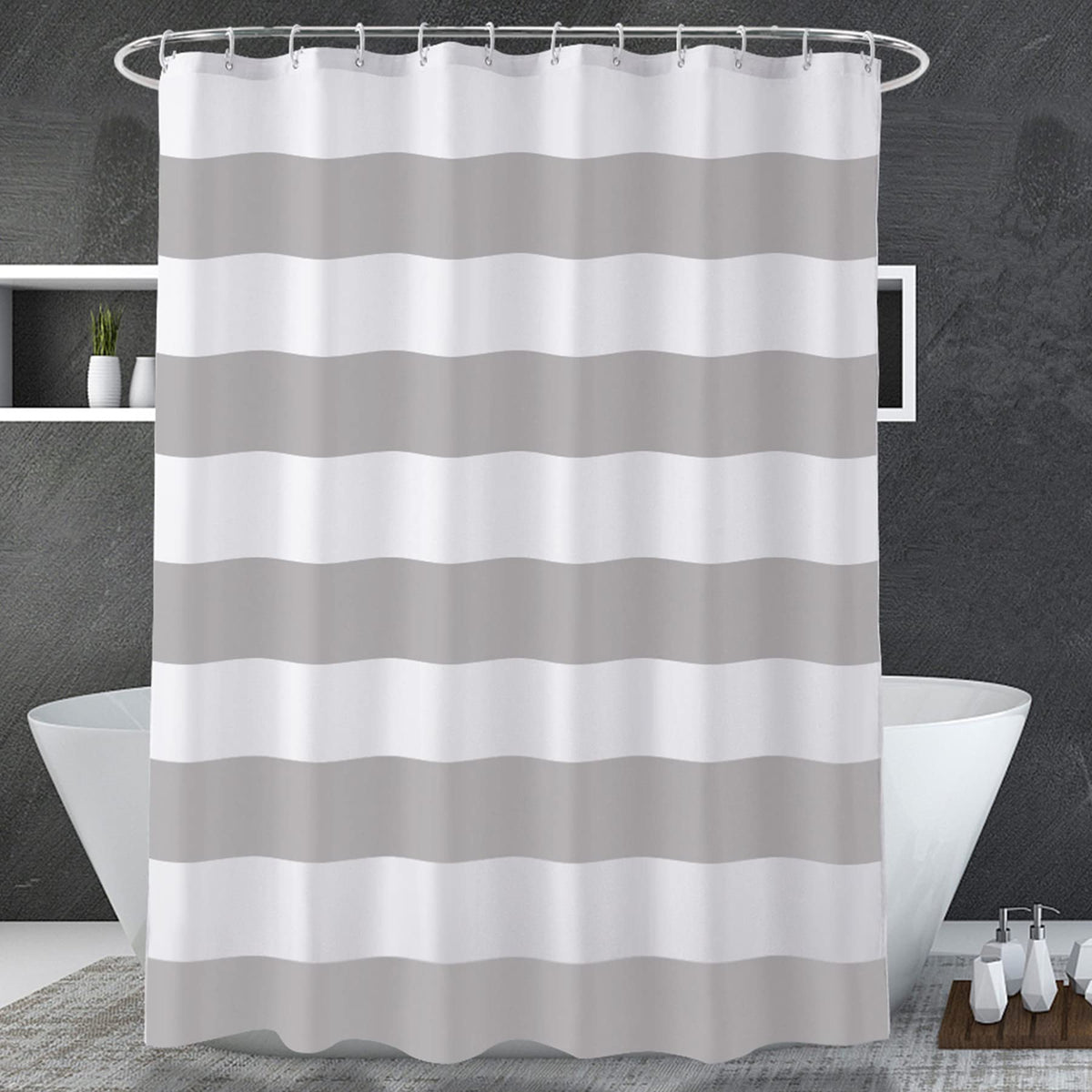 AmazerBath Black and White Shower Curtain Cloth, Striped Shower Curtain Fabric with 2 Heavy Stones, 72" W x 72" H