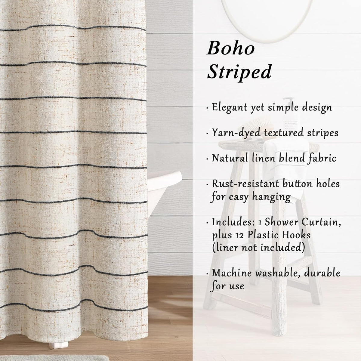Striped Linen Shower Curtain for Bathroom, Black and Beige 72 W x 72 H