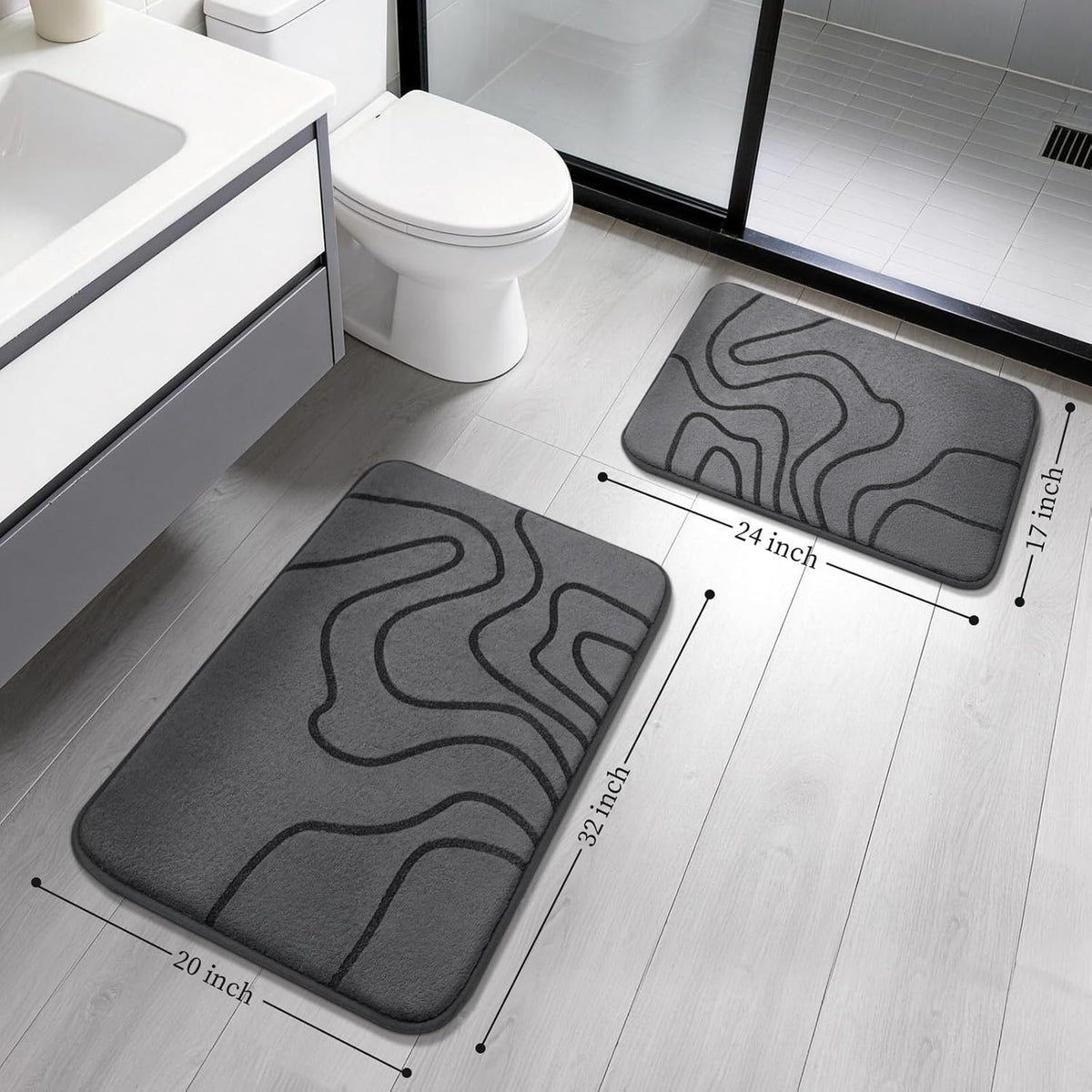 YIHOUSE Memory Foam Bathroom Rugs Sets 2 Piece, 32"x20"+24"x17", Dark Grey