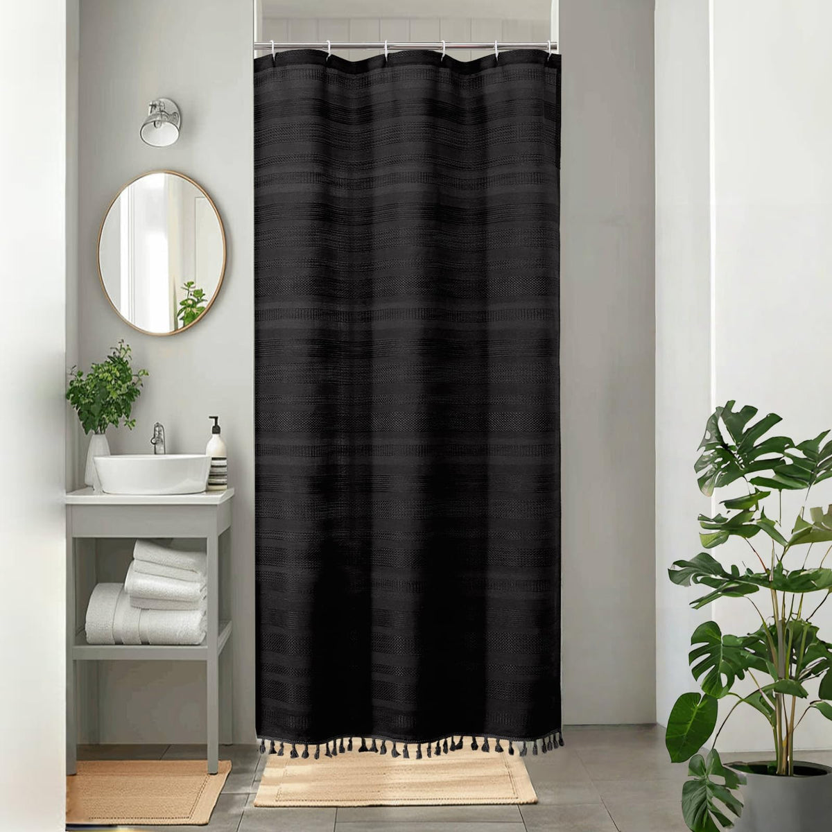 OVZME Sage Green Shower Curtain for Bathroom, Boho Linen Textured Shower Curtain with Tassel, Rustic Striped Heavy Duty Vintage Country Bathroom Curtain, 72Wx72L Inches