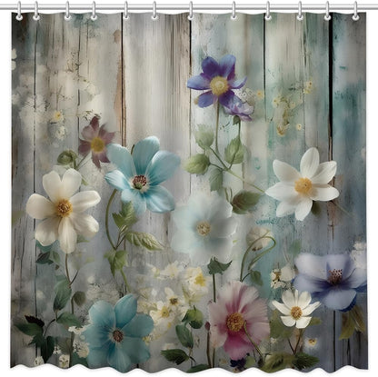 MEHOFOND Rustic Farmhouse Shower Curtain, Colorful Flowers Shower Curtains,Farm Teal Floral on Country Wooden Shower Curtain,Country Blue Wild Garden Plant Fabric Curtains for Bathroom 72x 72 inch