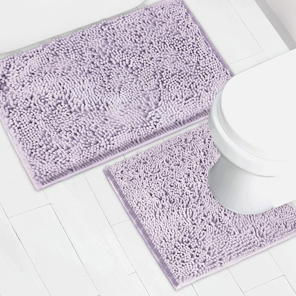 Bathroom Rugs Chenille Bath mat 2 Piece Set, Super Absorbent, Strong PVC Non Slip Backing, Bath mats for Bathroom, Plush Shaggy, Thick, Machine Washable, Bathtub, Toilet.(Light Grey)