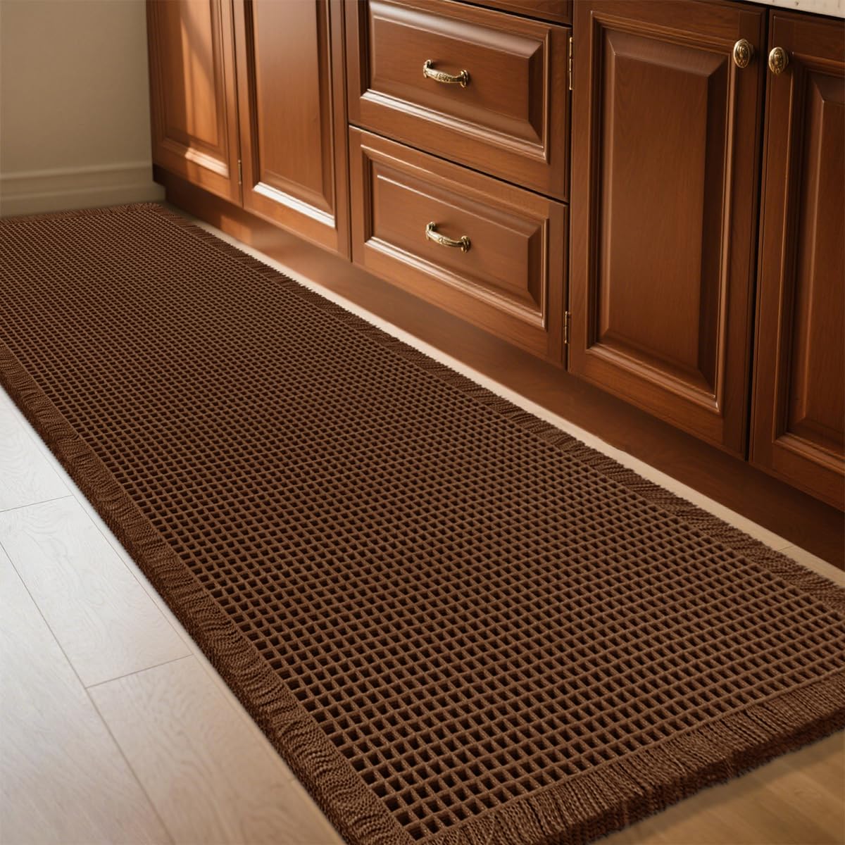 IM HOME Waffle Bath Mat Beige 32"x20", Boho Woven Modern Bath Mat Rugs, Absorbent Non Slip Bathroom Rugs, Soft Washable Bath Rugs with Tassels for Bathroom, Bedroom, Kitchen, Shower, Tub