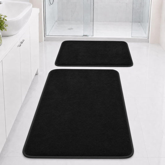 Bathroom Rugs Set 2 Piece Non Slip Soft Absorbent Plush Bath Mats(Black)
