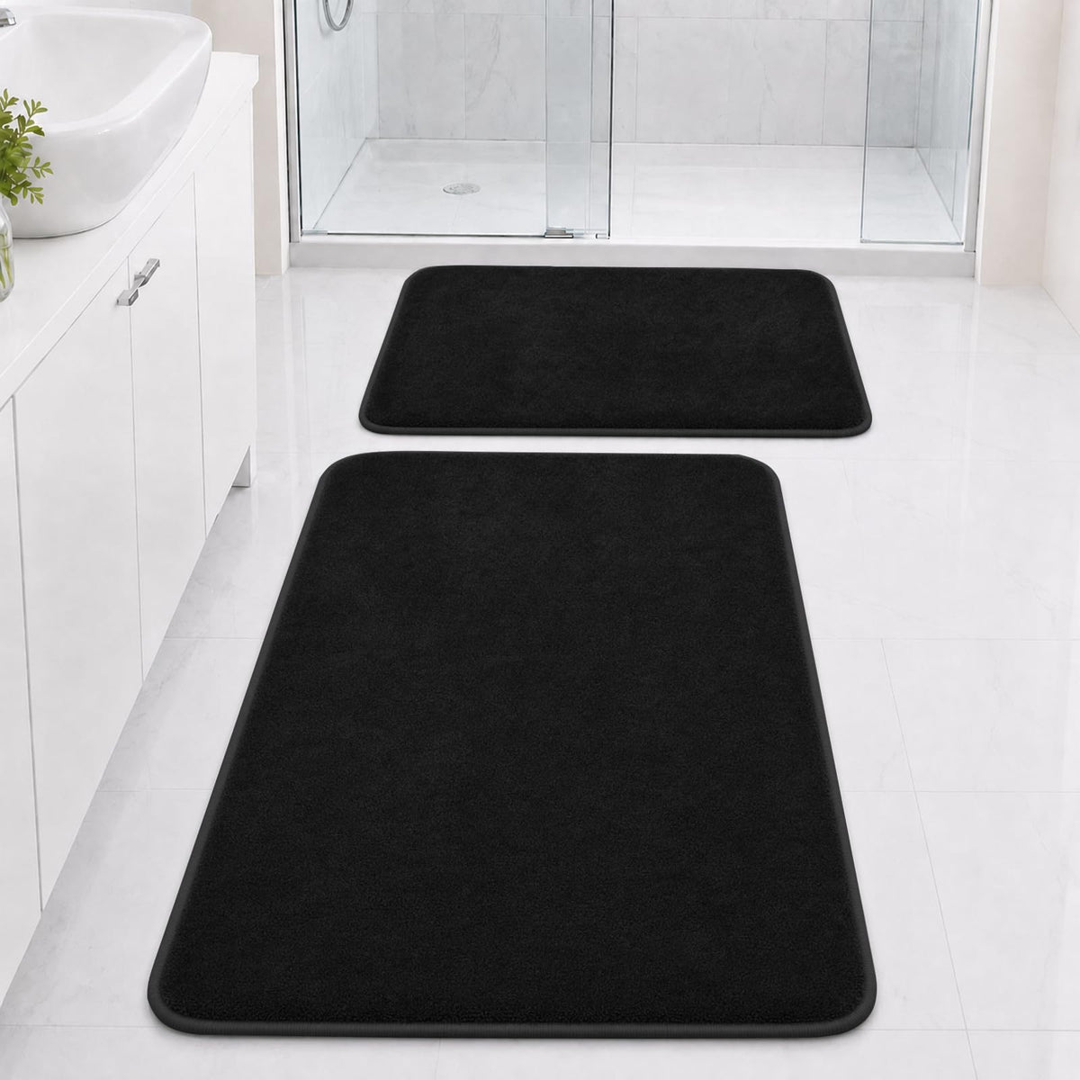 Bathroom Rugs Set 2 Piece Non Slip Soft Absorbent Plush Bath Mats(Black)