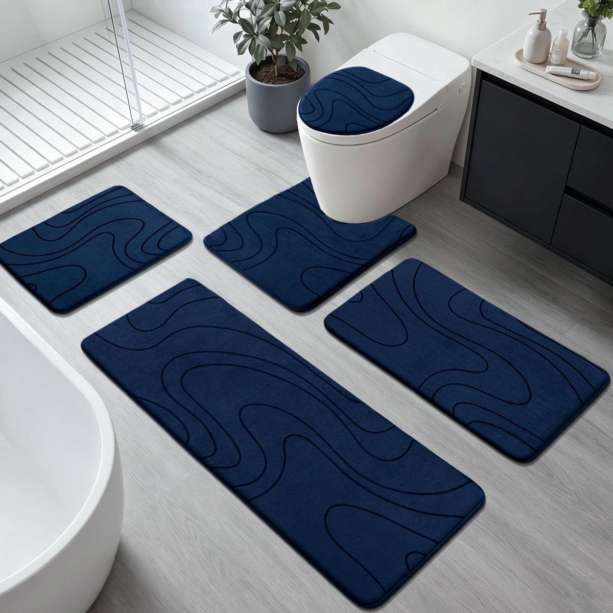YIHOUSE Bathroom Rugs Sets 5 Piece - Memory Foam Bath Mat, Dark Grey