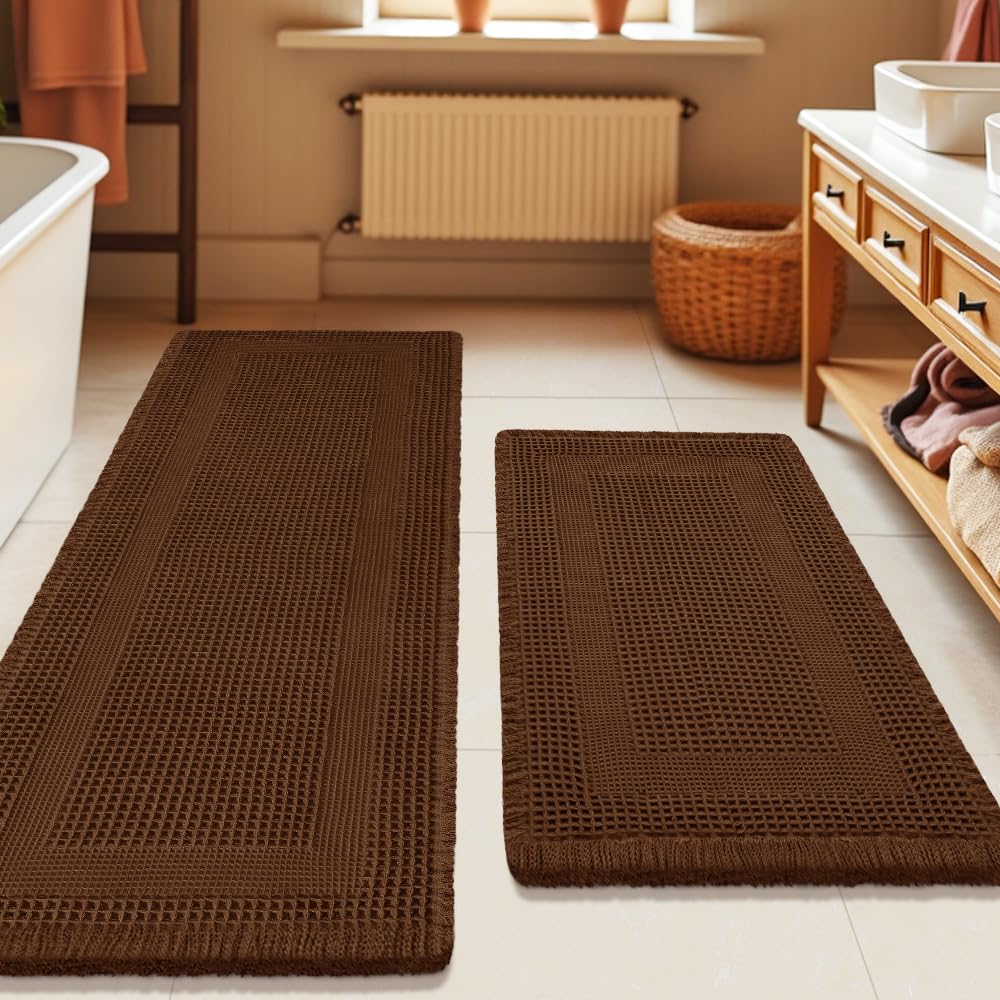 Upgrade Waffle Bath Mat Set 2 Piece, Boho Bathroom Rugs Absorbent Non Slip, Ultra Soft Bathroom Mat, Machine Washable Knit Bath Rugs with Herringbones for Bathroom, Bedroom, Kitchen, Shower, White