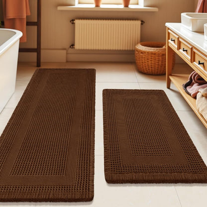 Upgrade Waffle Bath Mat Set 2 Piece, Boho Bathroom Rugs Absorbent Non Slip, Ultra Soft Bathroom Mat, Machine Washable Knit Bath Rugs with Herringbones for Bathroom, Bedroom, Kitchen, Shower, White