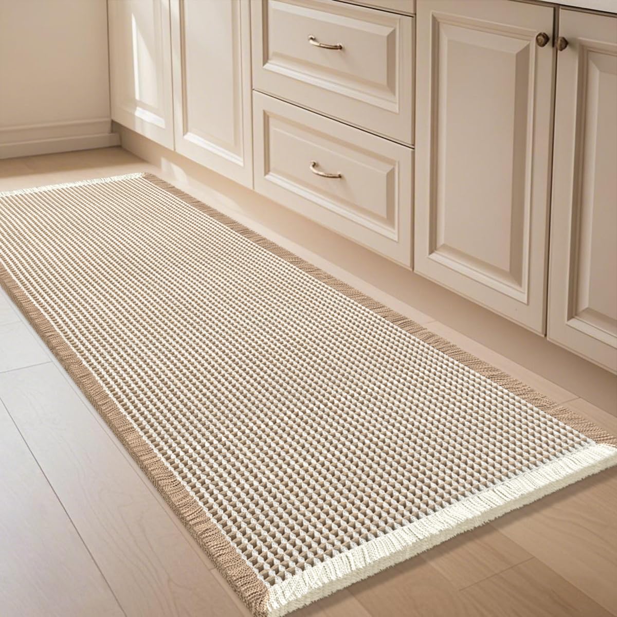 IM HOME Waffle Bath Mat Beige 32"x20", Boho Woven Modern Bath Mat Rugs, Absorbent Non Slip Bathroom Rugs, Soft Washable Bath Rugs with Tassels for Bathroom, Bedroom, Kitchen, Shower, Tub
