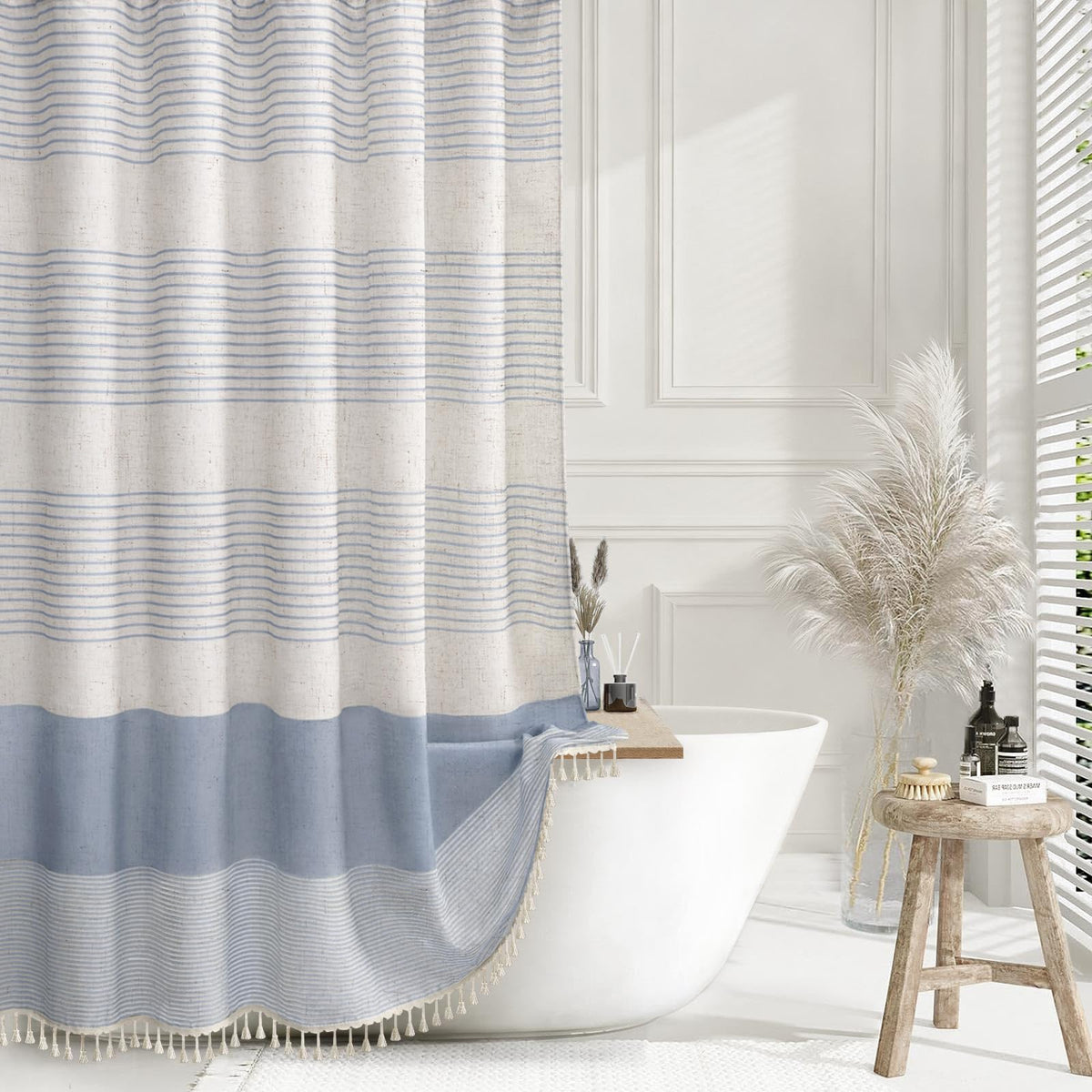 Navy Blue Coastal Ocean Linen Striped Shower Curtain with Tassel 72W X 72L