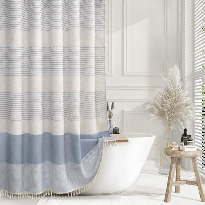 Navy Blue Coastal Ocean Linen Striped Shower Curtain with Tassel 72W X 72L