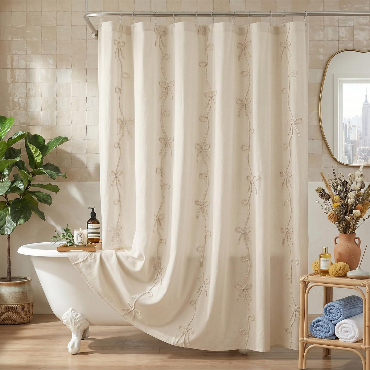 Seasonwood Pink Bow Shower Curtain with Cording Bow Embroidery 72x72 Inches