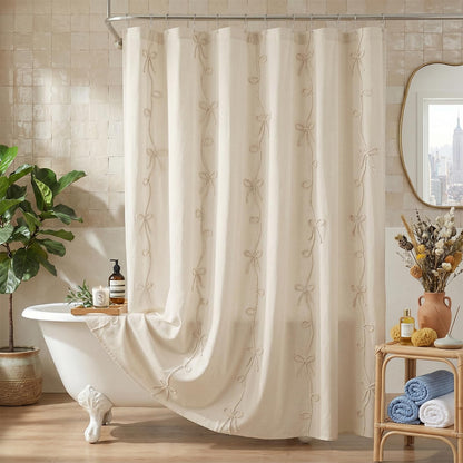 Seasonwood Pink Bow Shower Curtain with Cording Bow Embroidery 72x72 Inches