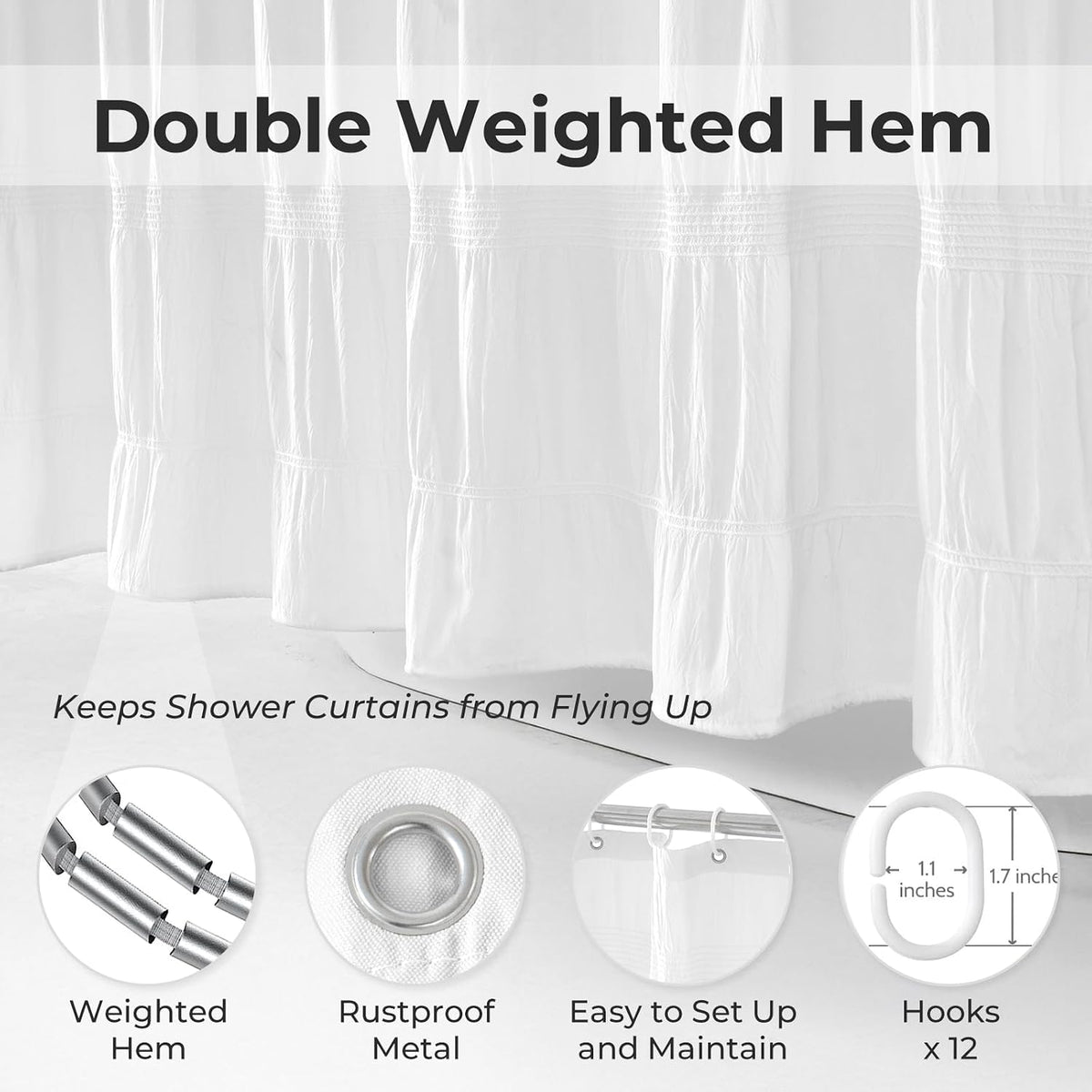Seasonwood White Shower Curtain Farmhouse Shower Curtain, 72 x 72
