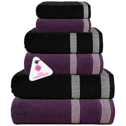 CASA COPENHAGEN Solitaire 6 Pieces Towel Set- Midnight Black, 600 GSM 2 Bath Towel 2 Hand Towel 2 Washcloth, Designed in Denmark Made of Soft Egyptian Cotton for Bathroom, Kitchen & Shower